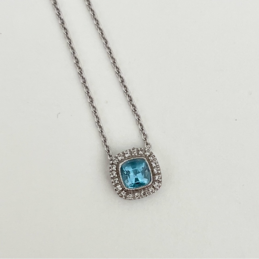 Beverly K Custom Blue Topaz Diamond Pendant Necklace 18k 14k White Gold Cushion